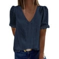 thumbnail image 1 of Douhoow Women Loose T-Shirts Summer Casual Blouse Solid Color Short Sleeve V Neck Tops, 1 of 3
