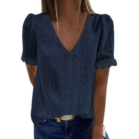 SANSIWU Women s V-Neck Tops Swiss Dot Lace Short Sleeve T Shirts Babydoll Loose Fit Casual Blouse