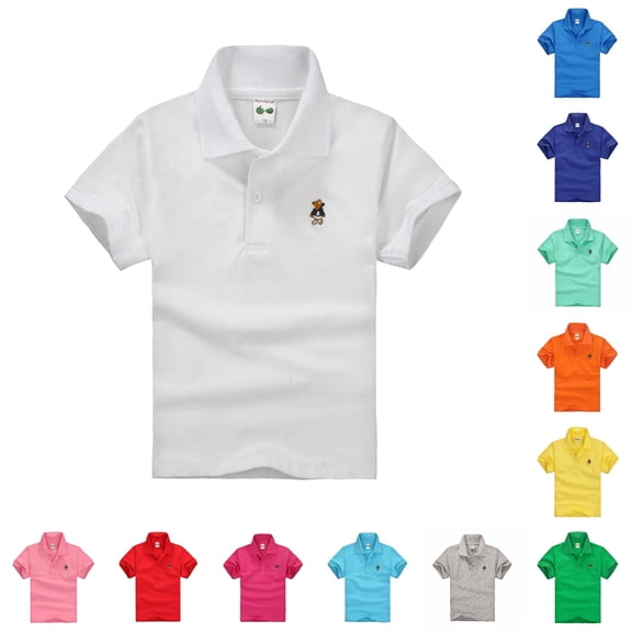 GobdXE Solid Single Button Placket Cartoon Embroidery Short Sleeve Polo Shirt Unisex Kids Back to School Uniform Casual Pullover Tops for Boys Girls 7-8 Years,White
