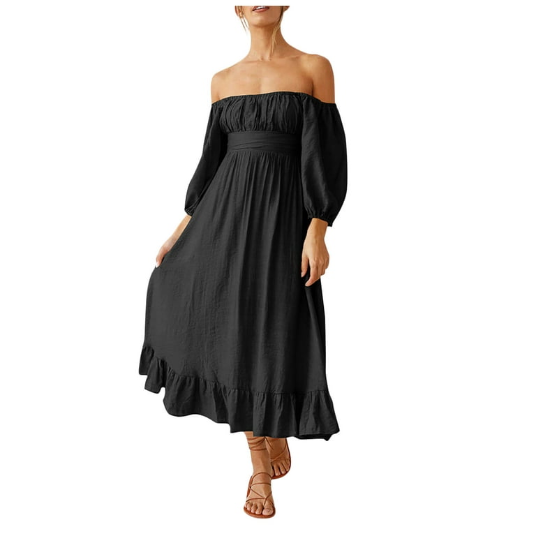 BEEYASO Clearance Summer Dresses for Women Off-the-Shoulder Ankle Length  Casual A-Line Solid 3/4 Sleeve Dress Black S 
