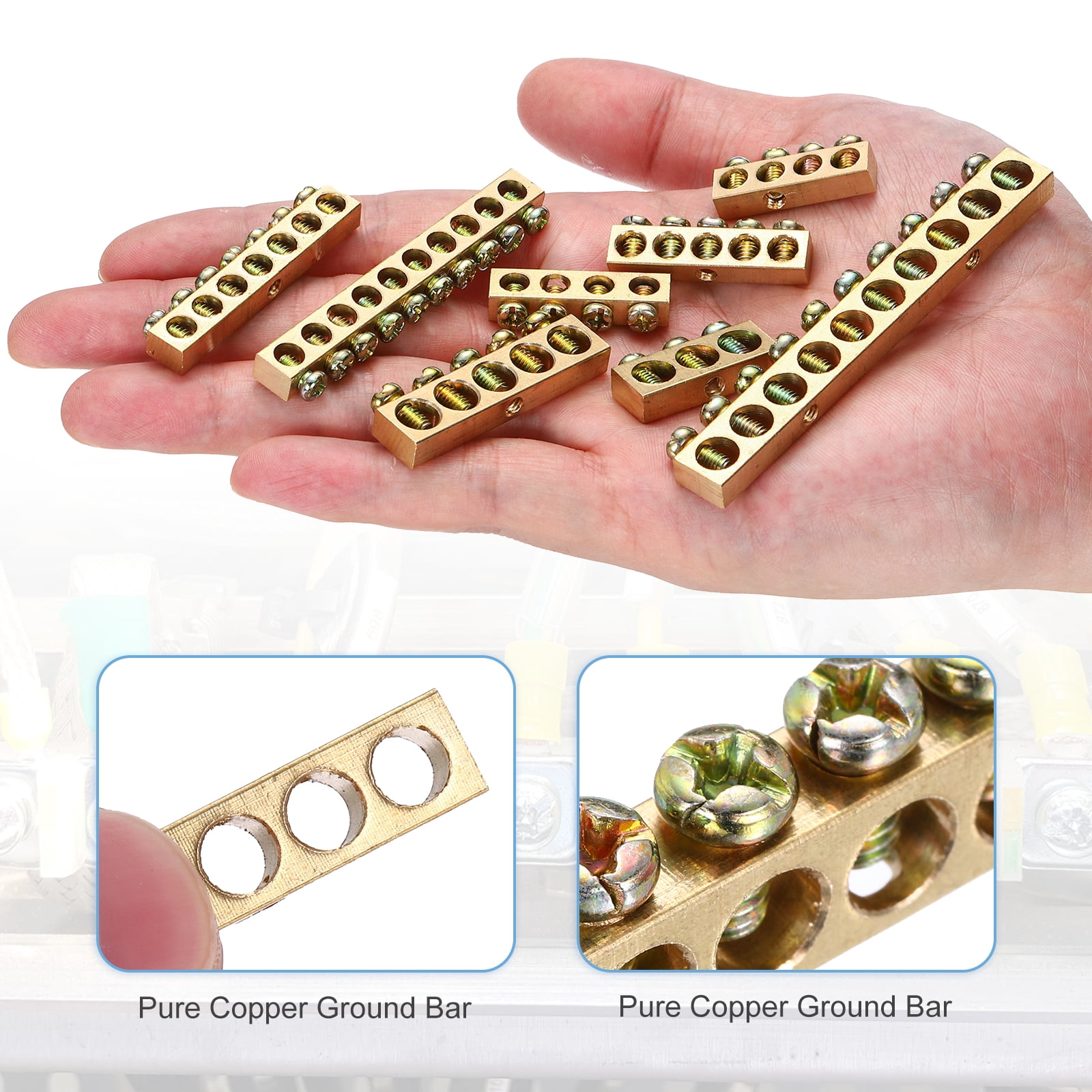 Uxcell 8 Pcs Terminal Ground Bar, 10 Positions Screw Brass Terminal Ground Bar, M4 5.7x10mm Screw Block Barrier Brass for Electrical Devices