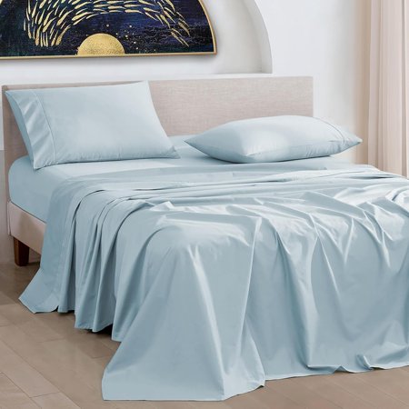 YUNWEN 1000 Thread Count Queen Sheet Set Egyptian Cotton, Long Staple Soft & Breathable, 4 Pc Bed Sheet Sets, Luxury Hotel Sateen Sheets Fits 16" Deep Pocket - Light Blue