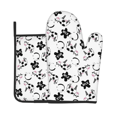 

KLL Cute Cow and Milk Stains Pattern Oven Mitts and Pot Holders 2pcs Sets for Kitchen Oven Mitt Heat Resistant 536°F Oven Gloves for Kitchen Cooking and Baking