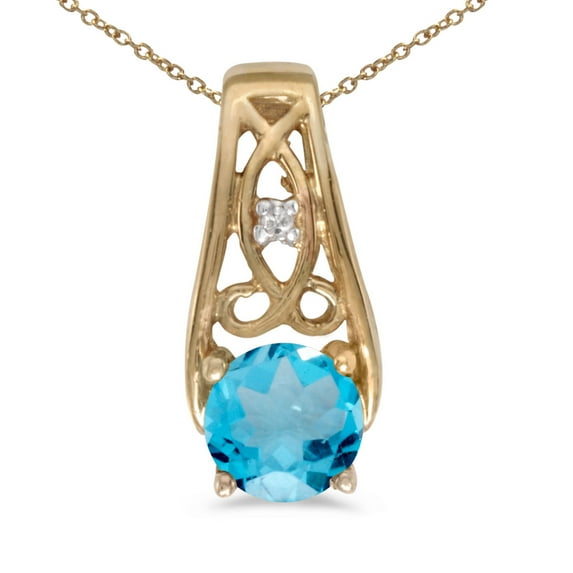 10k Yellow Gold Round Blue Topaz And Diamond Pendant with 16" Chain