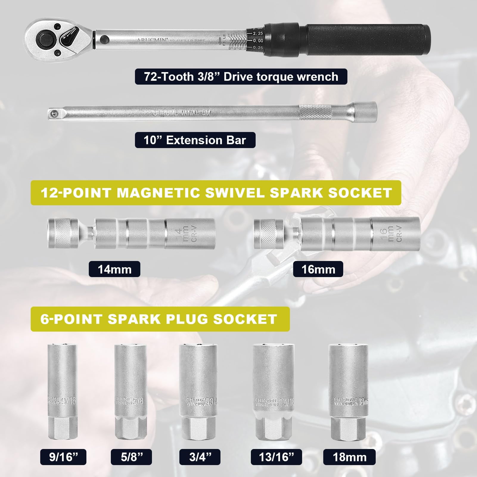 9-Piece Spark Plug Socket Set with 3/8 Inch Drive Click Torque Wrench,72 Tooth 10-45 Ft.Lbs (13.5-61Nm) Torque Wrench Set CR-V Steel Magnetic Swivel Spark Plug Set