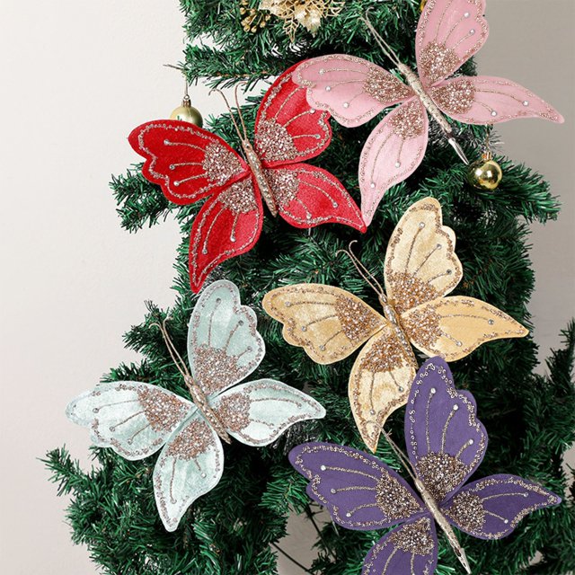 Mariposas Artificiales de Tela Azul para Decoración Navideña (27 X 20 Cm) | Ambiente Festivo, Fáciles de Colgar, Duraderas y Reutilizables | Clip de Lentejuelas para Decorar El Árbol de Navidad - 1 U