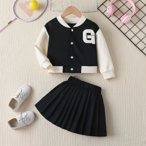 SONGGE Stylish Girls Outfit Sets 2 Piece Embroidered Letter Snap Front Long Sleeve Jacket With Solid Color Pleated Skirt For Baby Toddler And Kids Fashion Back To School Comfort Clothes Sets