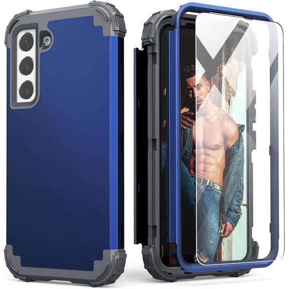 Galaxy S22 Case with Tempered Glass Screen Protector, Hybrid 3 in 1 Shockproof Heavy Duty Protection Hard PC Cover Soft Silicone Bumper Full Body Case for Samsung Galaxy S22 5G 6.1", Blue