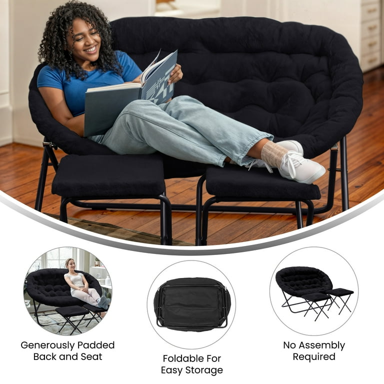 Emma + Oliver Folding Double Saucer Chair with 2 Ottomans Black