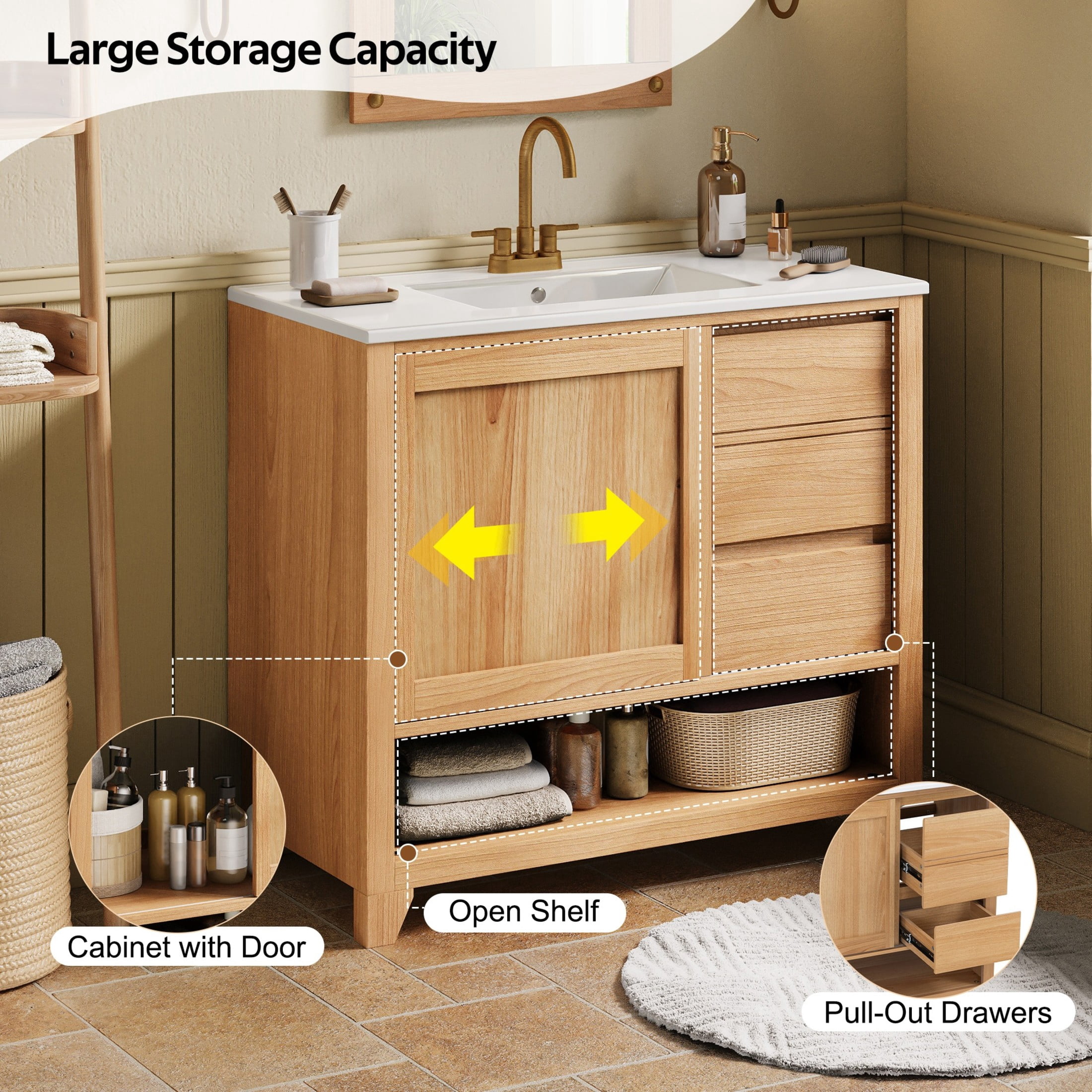 Christopher Knight Home 36" Bathroom Vanity with Ceramic Sink, 2 Drawers, Sliding Cabinet Door, Natural