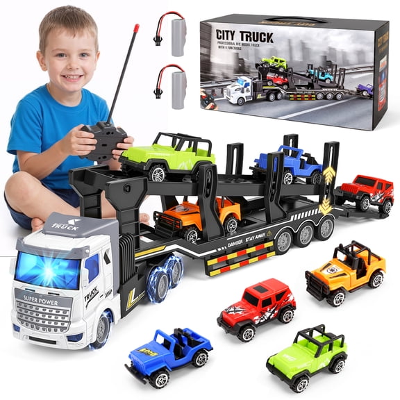 Monqistar Transporter Truck Toys for Boys, Construction Vehicles Toys, Carrier Car Truck Vehicle with 4 Mini Car, Birthday Gifts Kids Toys for 3-8 Years Old