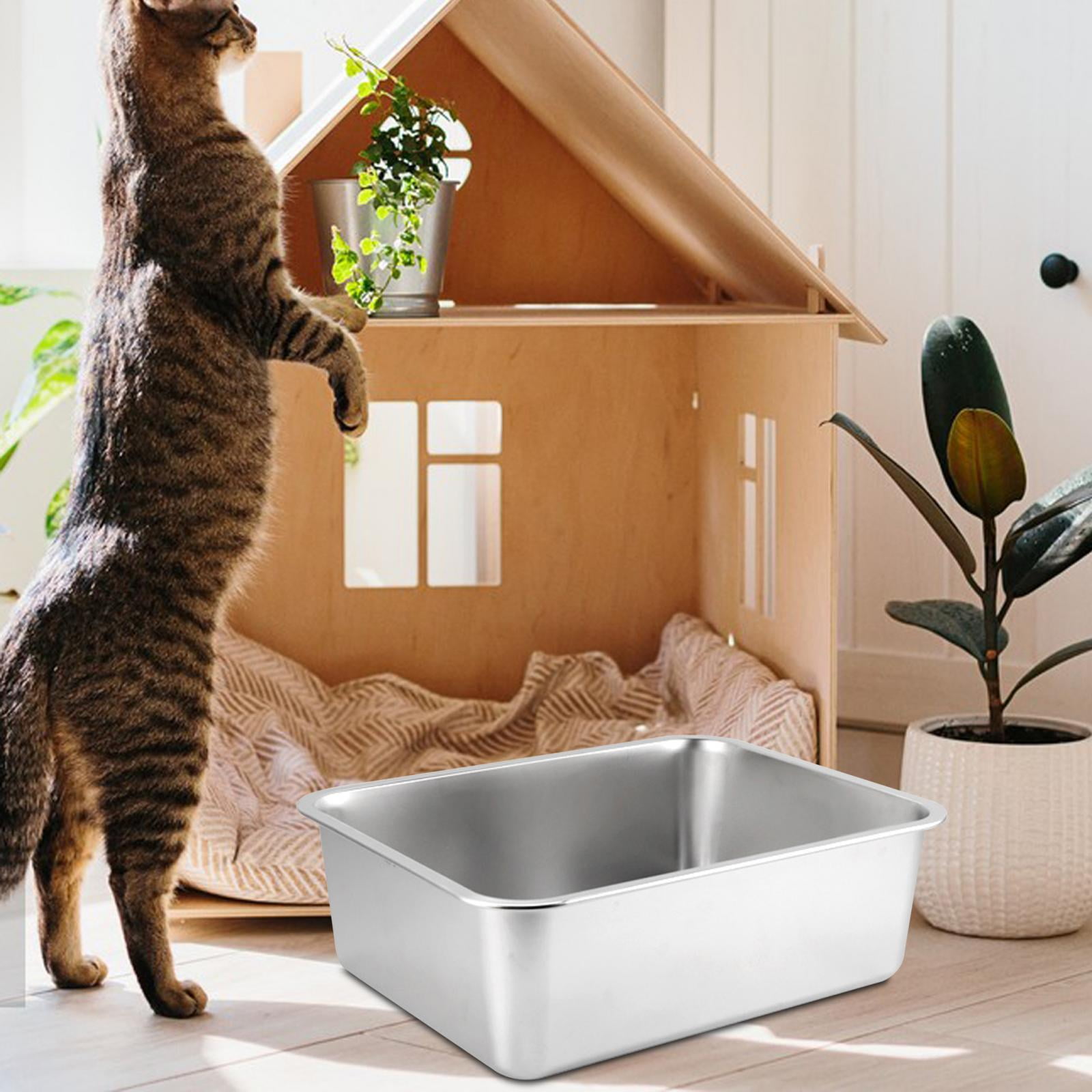 Cat Kitty Litter Pan Stainless Steel Open Top Pet Litter Tray Cat Toilet Easy to Clean Portable High Sided Cat Sandbox Cat Bedpan 50cmx35cmx10cm
