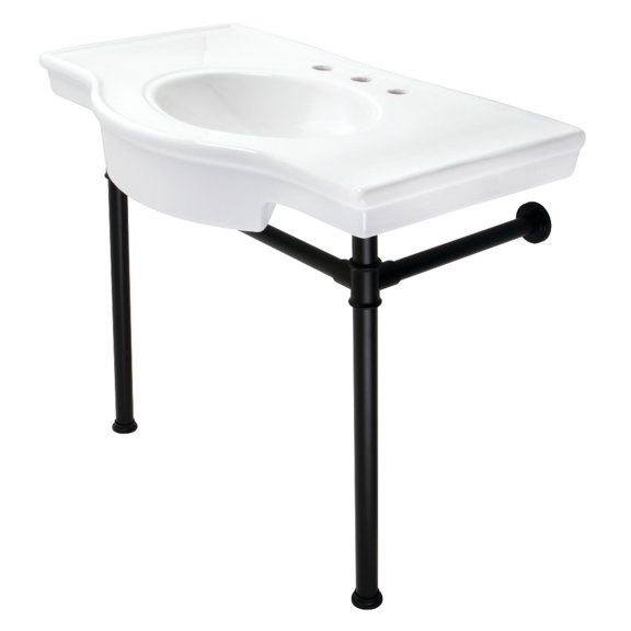 Kingston Brass VPB1370ST Templeton 37" Ceramic Console Sink with Stainless Steel Legs (8-Inch, 3-Hole), White/Matte Black