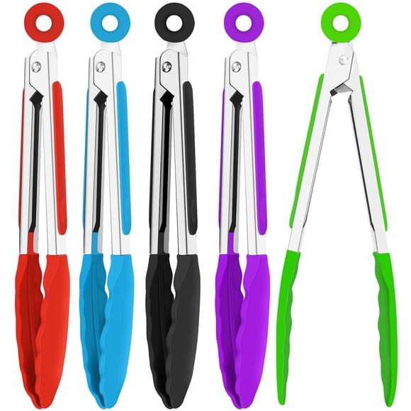 Juego de pinzas pequeñas de silicona de 7 pulgadas, mini pinzas de cocina con puntas de silicona, pinzas para alimentos, pinzas de cocina de acero inoxidable para ensalada, asar, freír y cocinar (azul