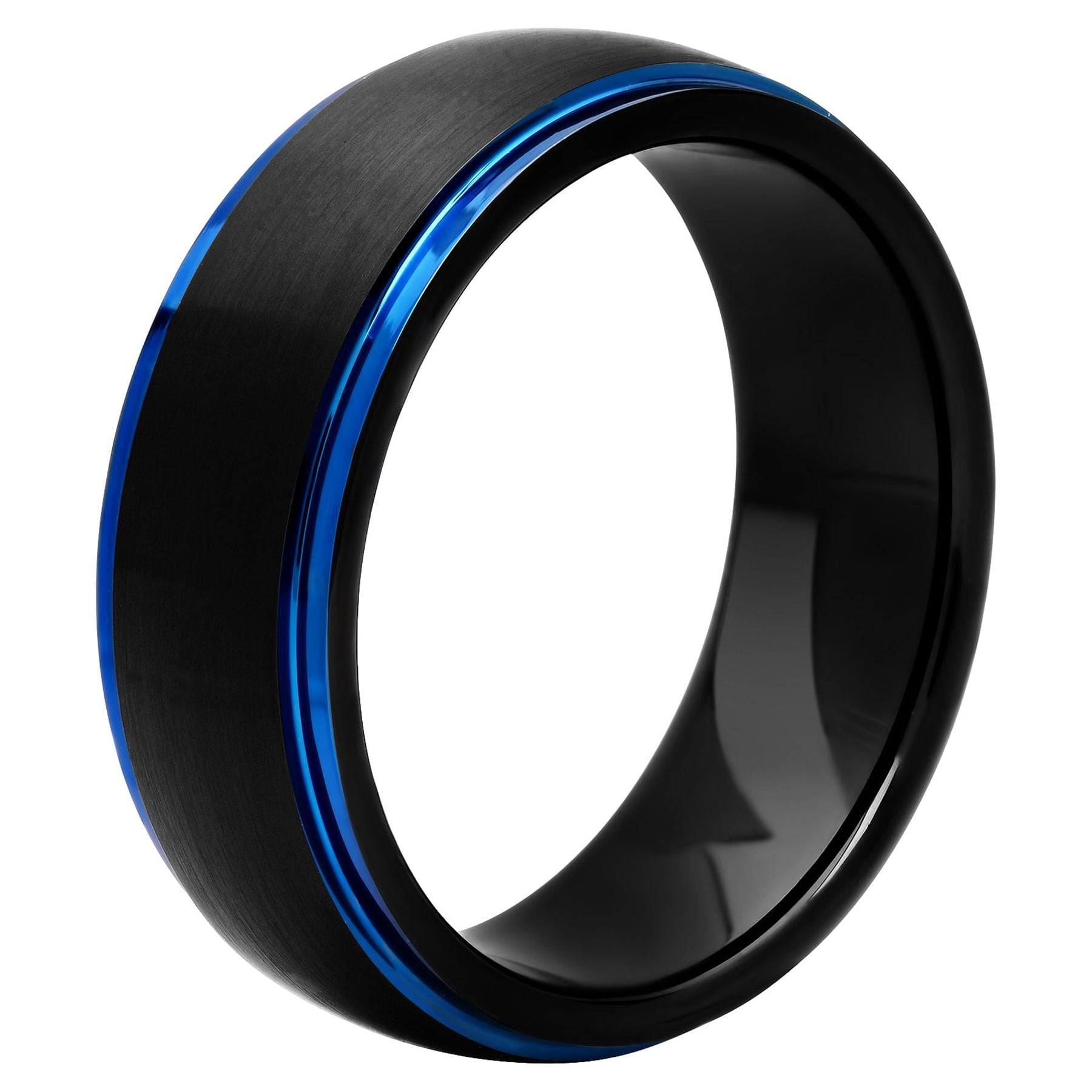 Brilliance Fine Jewelry Men's Black & Blue Tungsten Satin Finish Step Edge 8MM Wedding Band