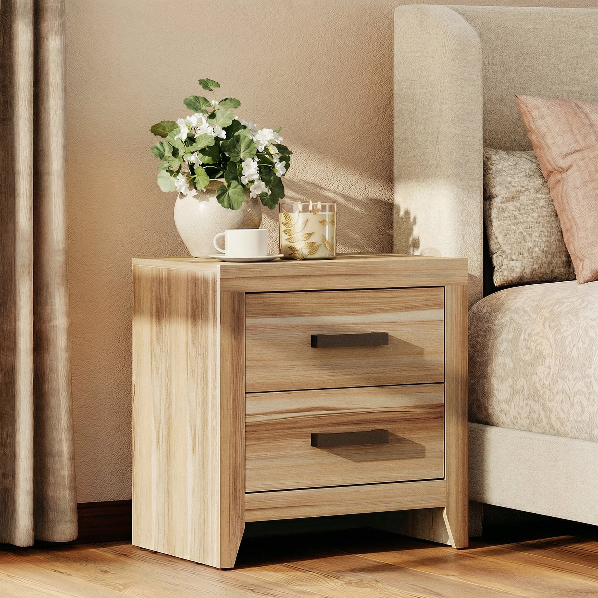 Set of 2 Farmhouse Rustic Wooden Nightstand With 2 Smooth‑Glide Storage Drawers,Solid‑Base Bedside End Table,Multi‑Purpose Accent Side Cabinet For Bedroom,Living‑Room,Two-Tone