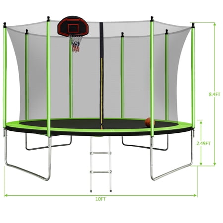 YJTONWIN 10FT Trampoline with Basketball Hoop Inflator & Ladder Inner Net Green