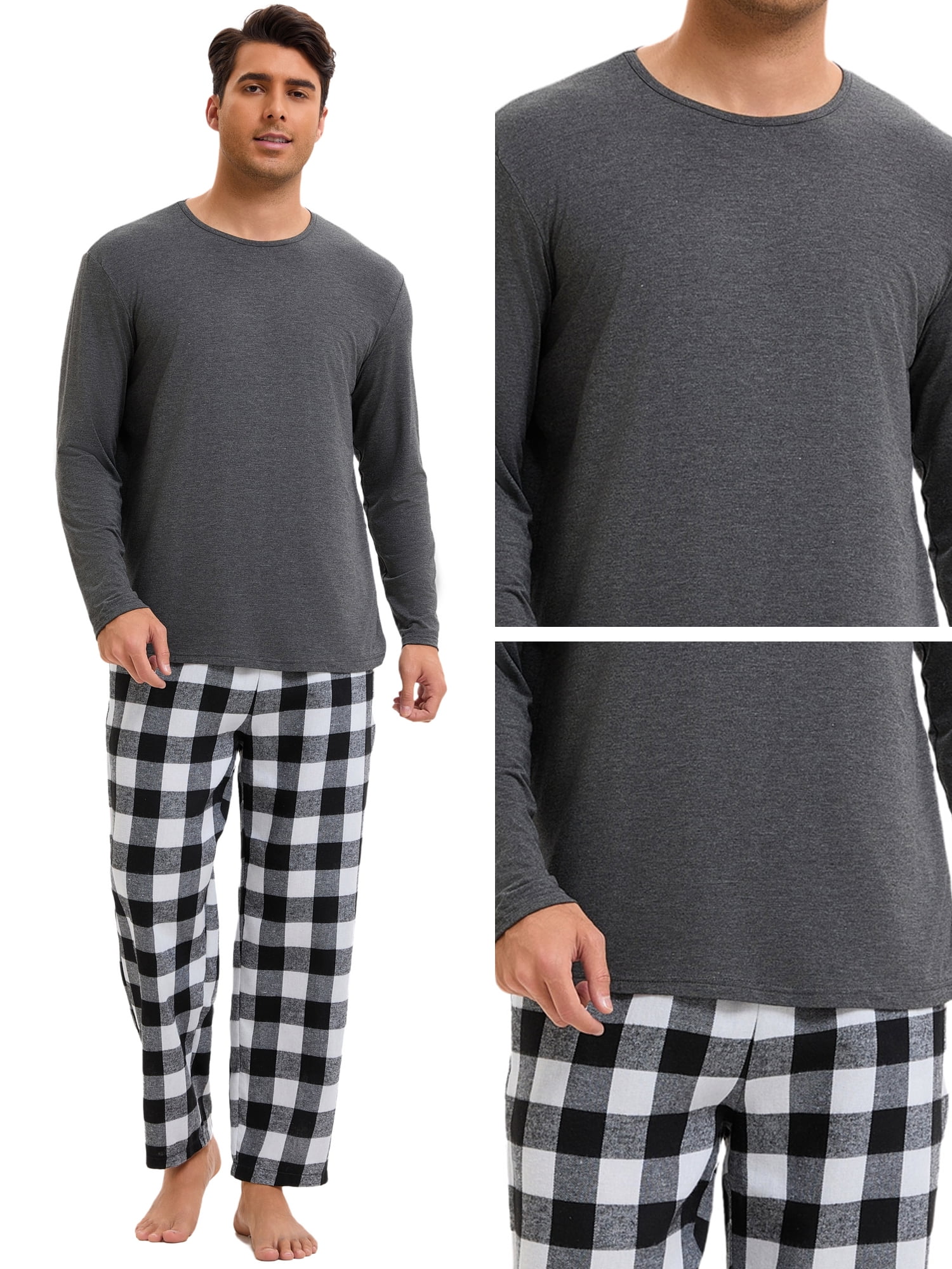 DARING DIVA Men's 2-Piece Long Sleeve Solid Nightwear Plaid Pants Set XL Black White