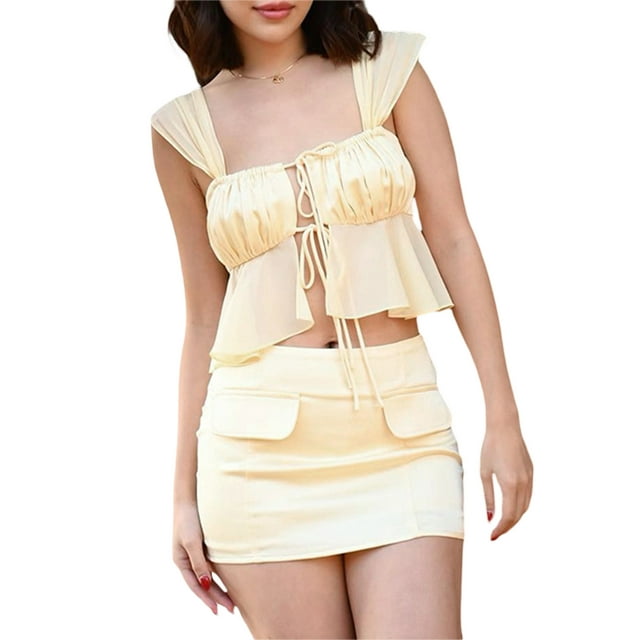 Lucakuins - Conjunto de falda corta para mujer, camisola con lazo y minifalda ajustada, traje de verano para fiesta y club Lucakuins moda