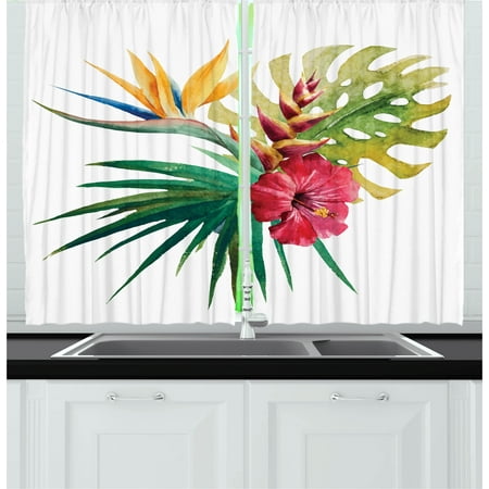 Leaf Orchid Flower - Floral Curtains 2 Panels Set, Wild Tropical Orchid Flower with Large Leaves Exotic Tropic Petals Picture, Window Drapes for Living Room Bedroom, 55W X 39L Inches, Ruby Forest Green, by Ambesonne