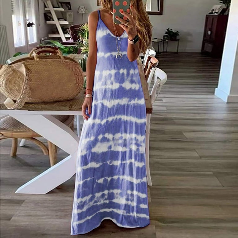 Wycnly Summer Dresses for Women Beach Bobo Plus Size Hem Spaghetti Strap Long Sun Dresses Sleeveless V-Neck Striped Print Maxi Sun Dress Blue Xxxxxl