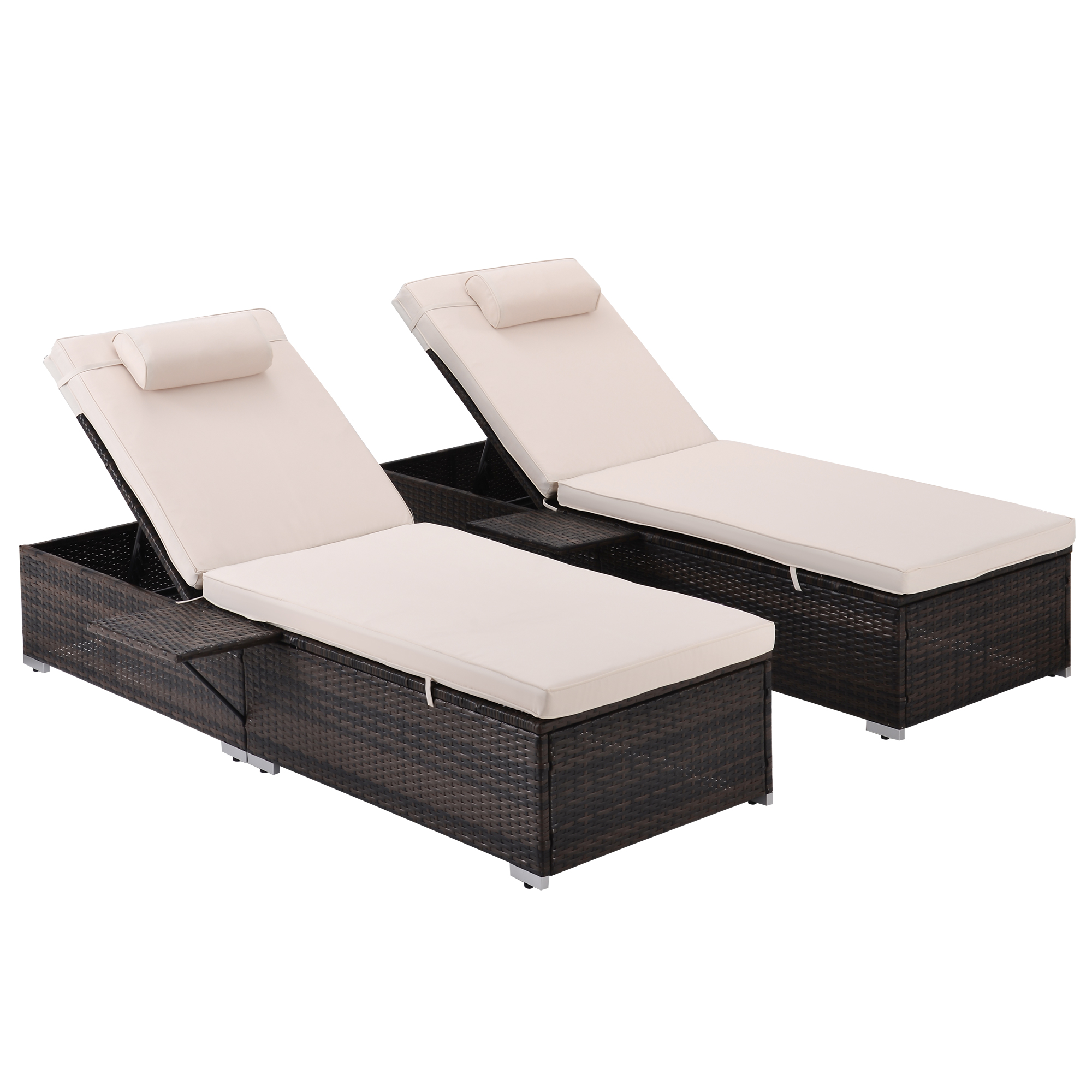 2 Piece Patio Chaise Lounge Furniture Set with Side Table, 5-Position Adjustable Cushioned Rattan Chaise Lounge with Head Pillow, PE Rattan Backrest Lounge Chairs Set for Pool Balcony Deck Yard, B65 - image 3 of 11