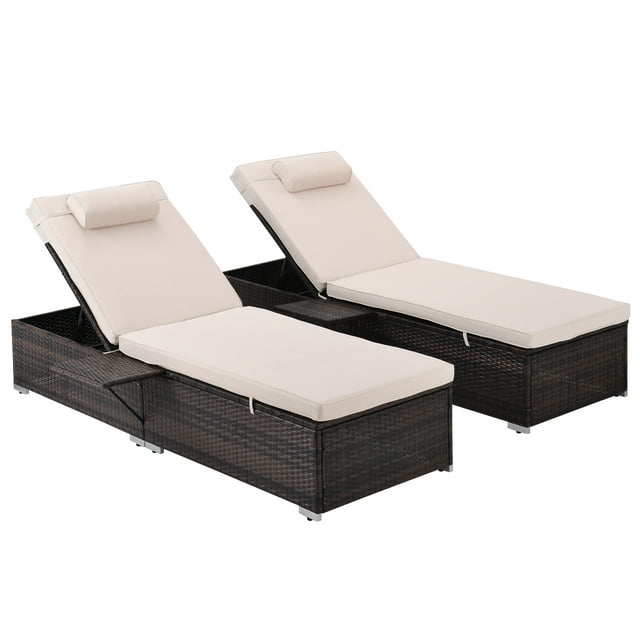 2 Piece Outdoor Patio Lounge Chairs, Adjustable Wicker Recliner PE Rattan Reclining Chair Set with Cushion, Side Table & Head Pillow, Outdoor Chaise Lounge for Garden Balcony Pool Deck Backyard, J2468