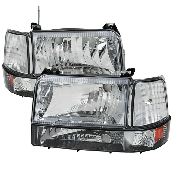 Factory Style Headlights w/ Bumper & Corner Lights (Chrome Housing/Clear Lens) Made for and Compatible with 1992-1996 Ford F-150/F-250/F-350/Bronco