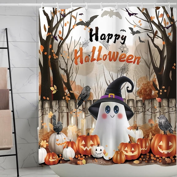 Happy Halloween Ghost Shower Curtain Spooky Evil Pumpkin Bat Fall Leaves Bathroom Curtains Waterproof Polyester Fabric Bath Curtain 72 x 72 Inch with 12 Hooks