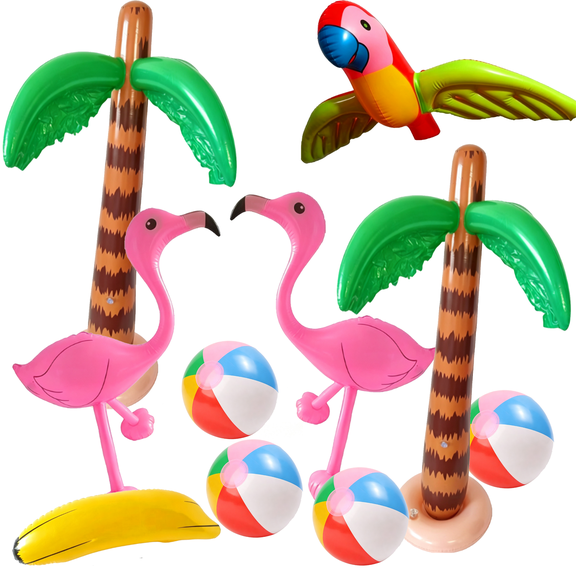 Outdoor Inflatable Palm Tree Flamingo Banana Ball Beach Pool Toys for Tropical Hawaiian Party Summer Pool Beach Party Decorations Rings
