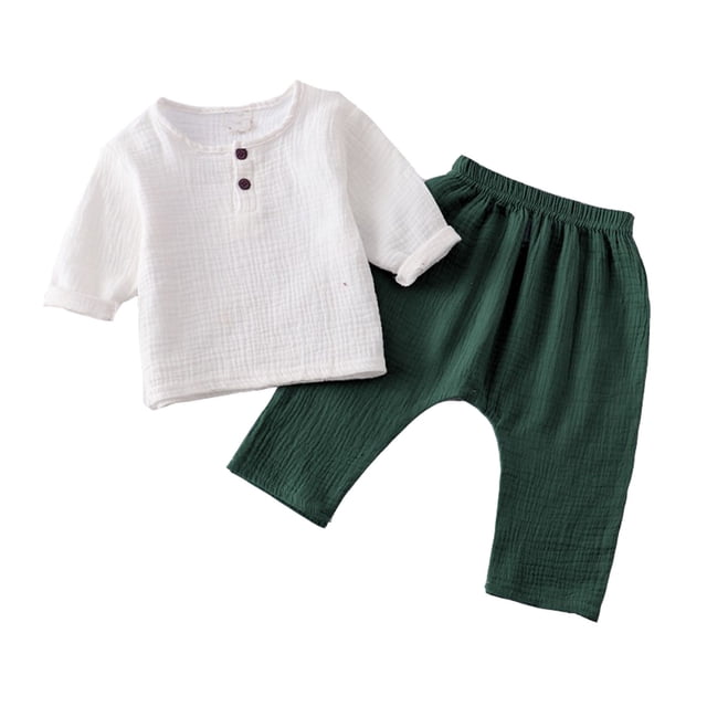 Girls Spring Outfits Solid Pullover Long Sleeve Linen Nine Inch Pants Crewneck Baby Boy Clothes Black 12-18 Months