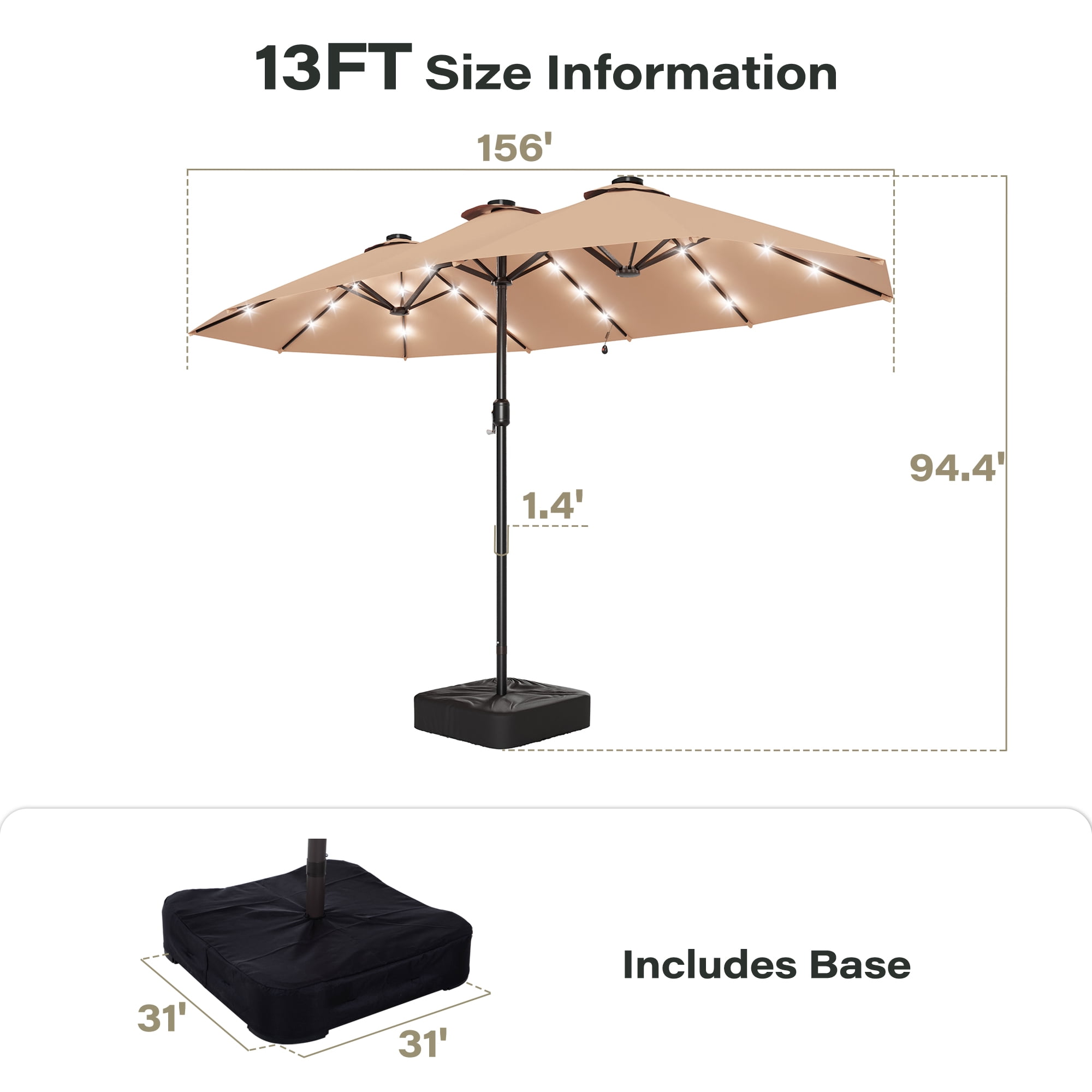 LAUSAINT HOME 13ft Double Sided Patio Umbrellas with Base & Lights for Garden, Poolside, Beige