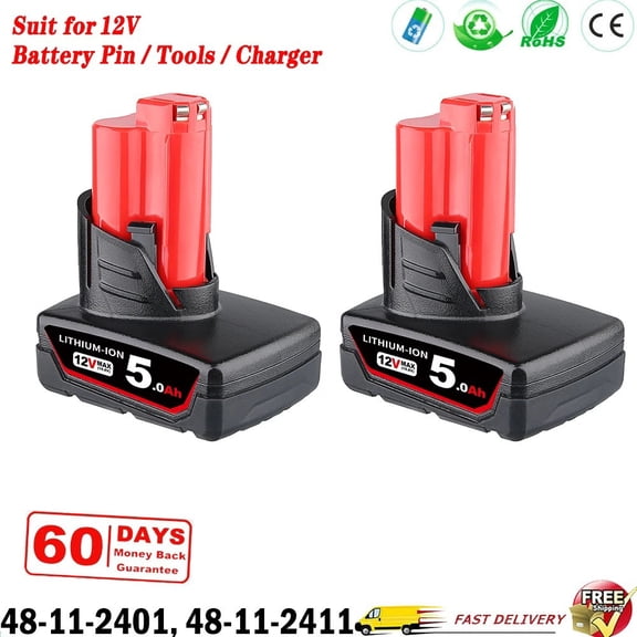 2Pack M12 12V 5.0AH Replacement for Miwoukee M-12 Li-on Battery 48-11-2411 48-11-2440 48-11-2402 Compatible with Original 12V Cordless Power Tools and Charger