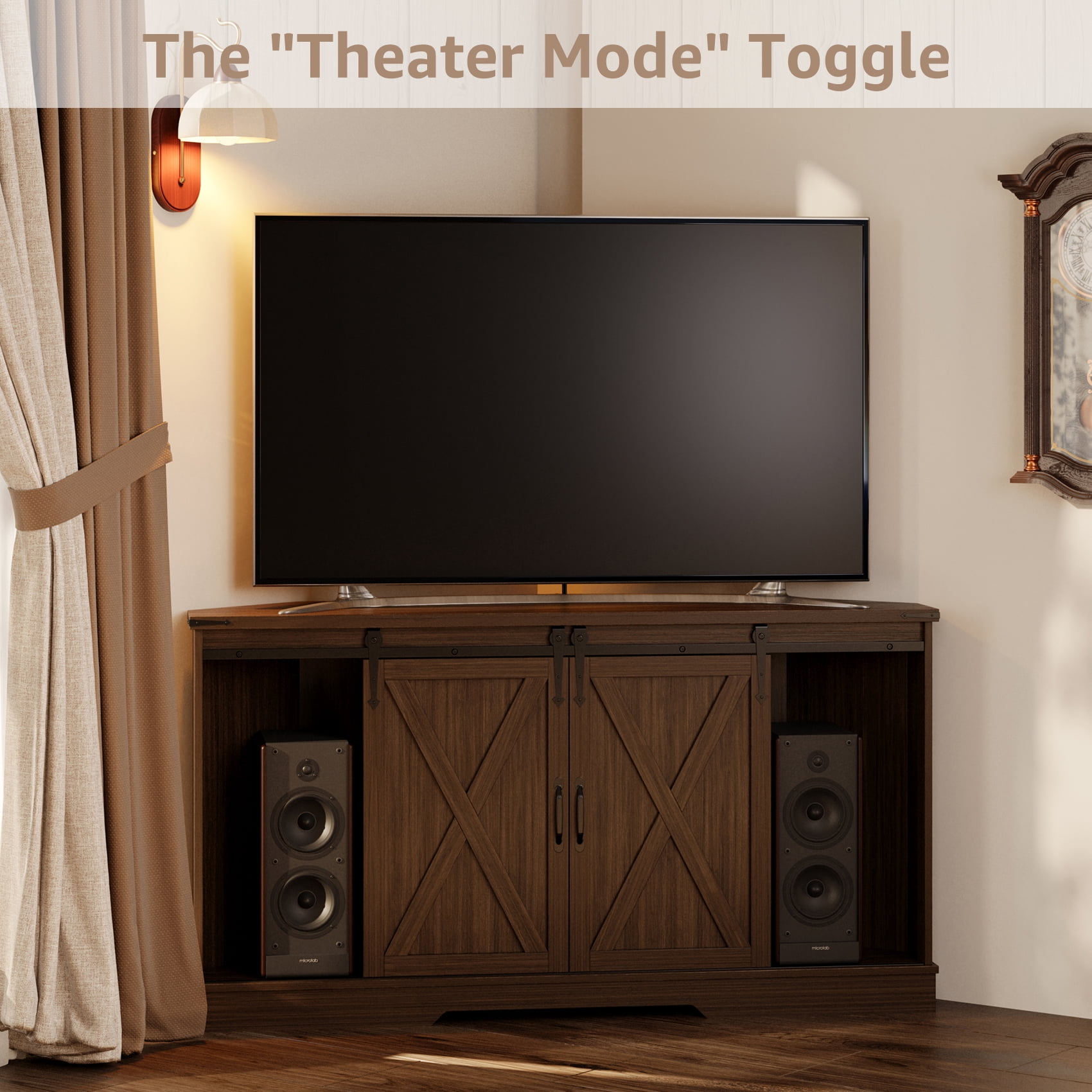 Farmhouse Corner TV Stand for 65" TV – Walnut Wood Entertainment Center with Sliding Barn Door & Storage Shelves – Media Console, 58"w x 15.7"d x 31"h