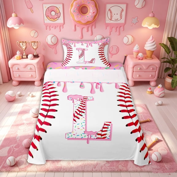 Meiyoeat Donut Initial L Letter Twin Sheet Sets for Girls Kids, Ice Cream Baseball Sport Bedding, Pink, 3-Piece