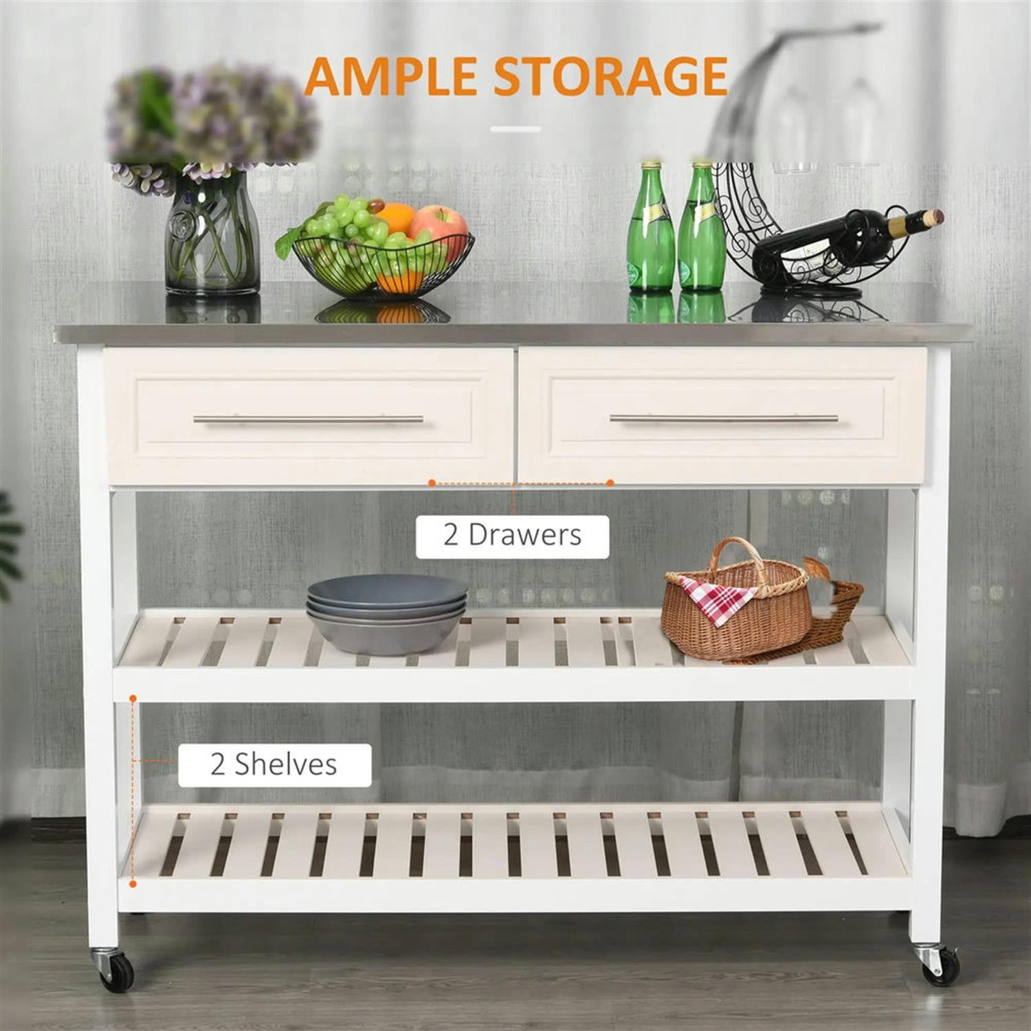 Demi Bonn Kitchen Island Cart on Wheels with Stainless Steel Top, Rolling Dining Room Serving Utility Carts Mobile Movable with Basket Storage, White