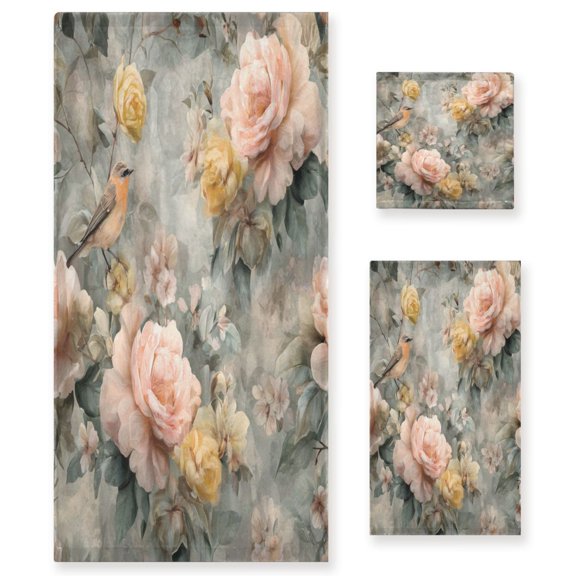 3 Piece Bath Towels Set Bath Towel, Hand Towel and Face Towel for Bathroom, Gym, Hotel Scattered Birds and Flowers