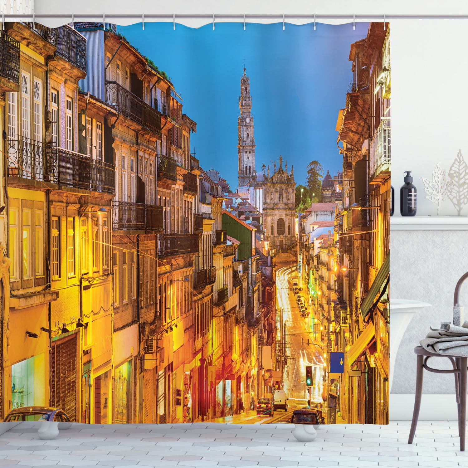 European Shower Curtain, Cityscape toward Old Buildings in Porto