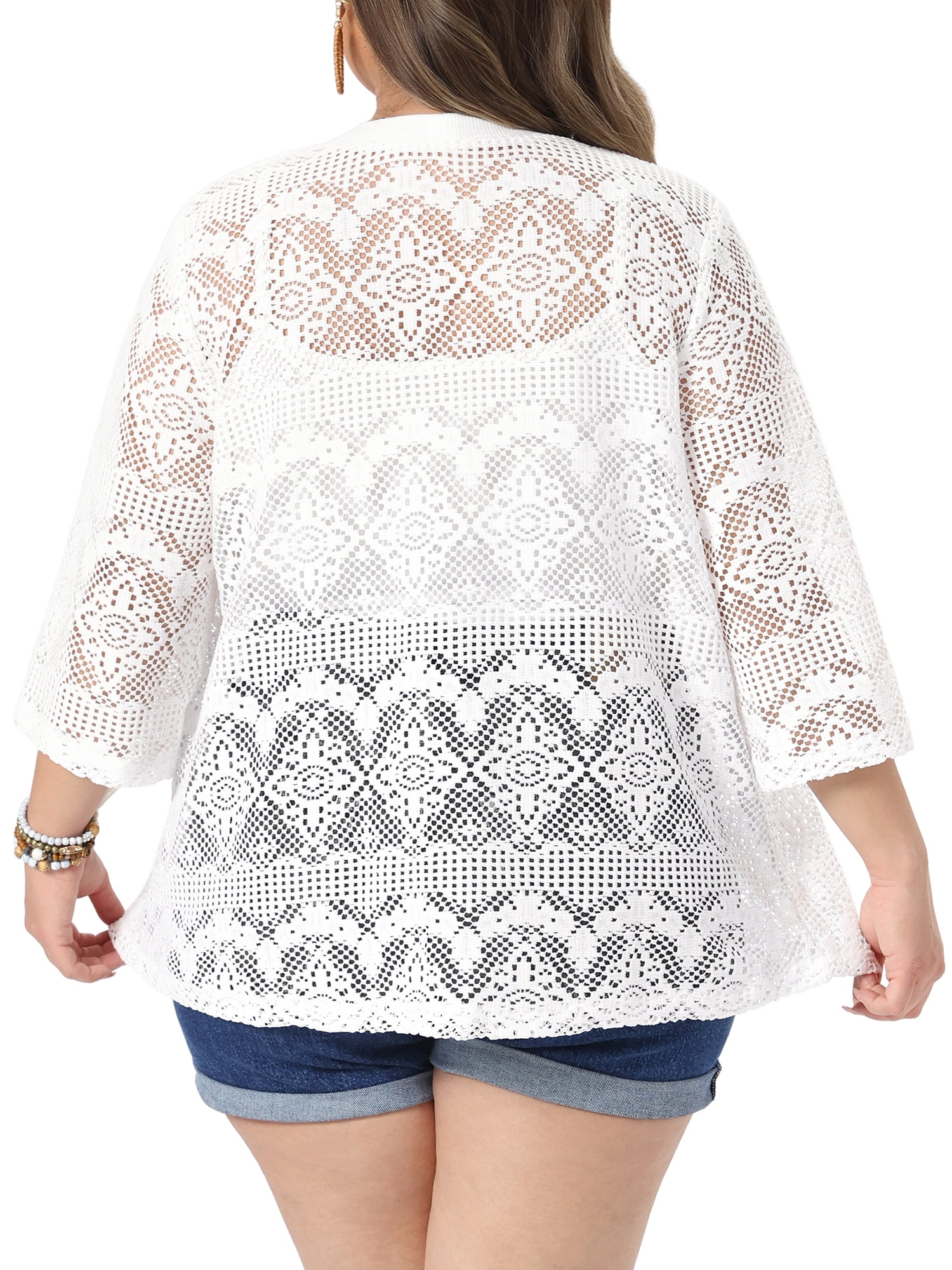 DARING DIVA Women's Plus V Neck 3/4 Sleeve Crochet Button Front Cover Up 4X White