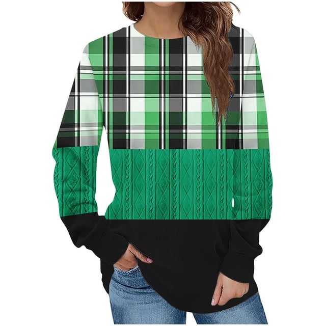 KIHOUT Chandails en Molleton de Mode pour Femmes, Manches Longues Décontractées à Carreaux Patchwork Col Rond Ample Blouse Chandail Tops, Taille P-2TG