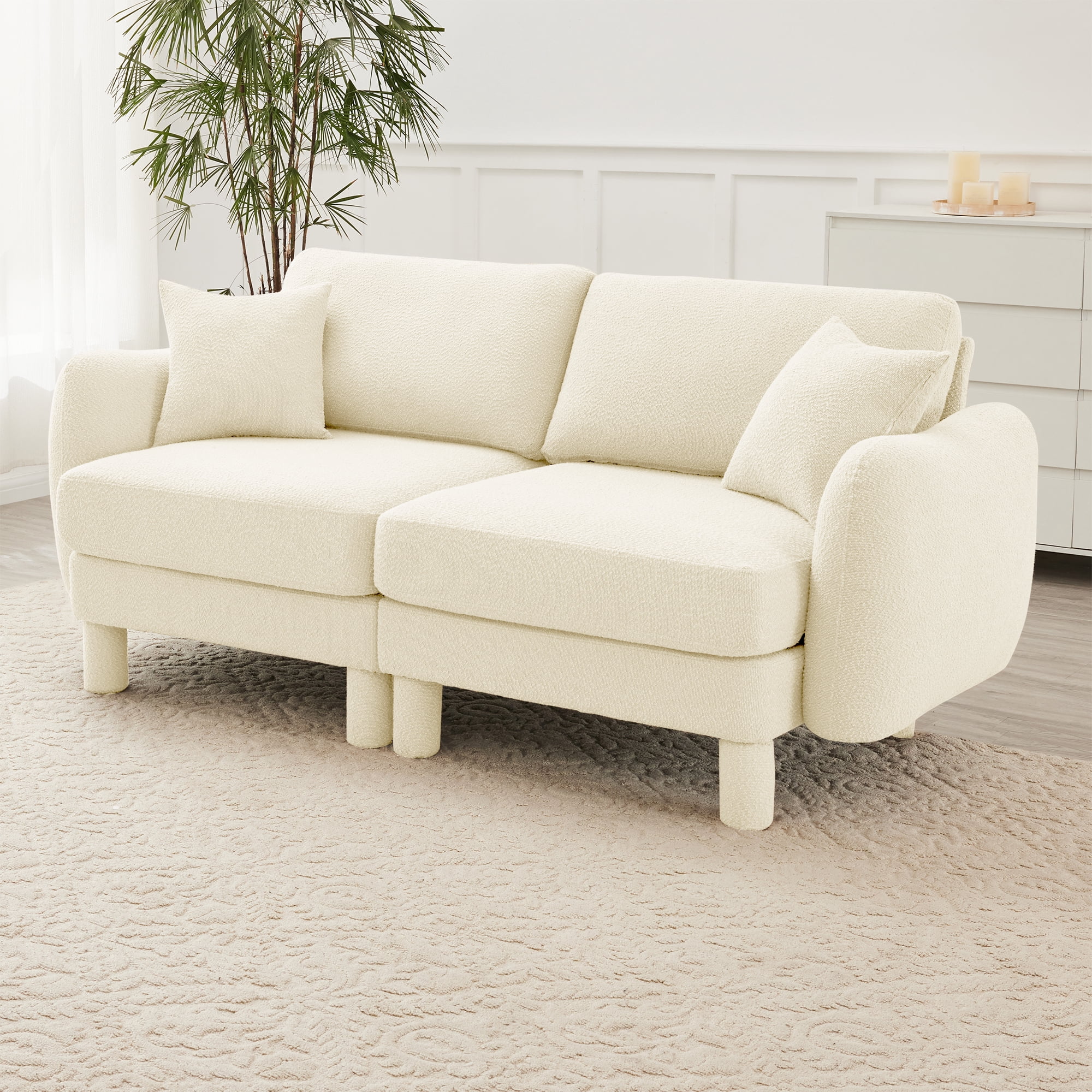 Gewnee Beige 2-Seater Boucle Loveseat with Shell Armrests & Fabric-Wrapped Cylindrical Legs - Ideal for Bedroom Reading Nook, Home Office Lounge