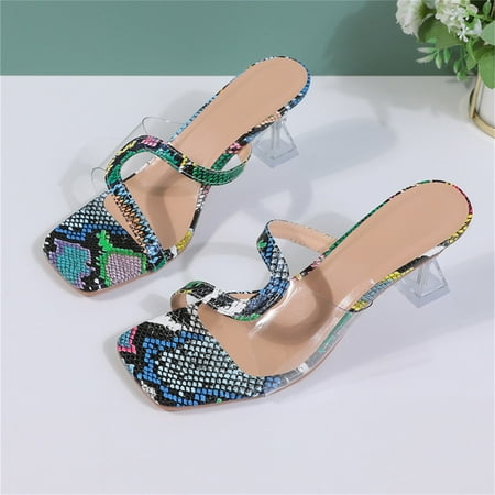 

〖Yilirongyumm〗 Blue 39 Sandals Women Fashion Summer Women Sandals High Heel Snake Print Open Toe Fish Mouth Casual Style