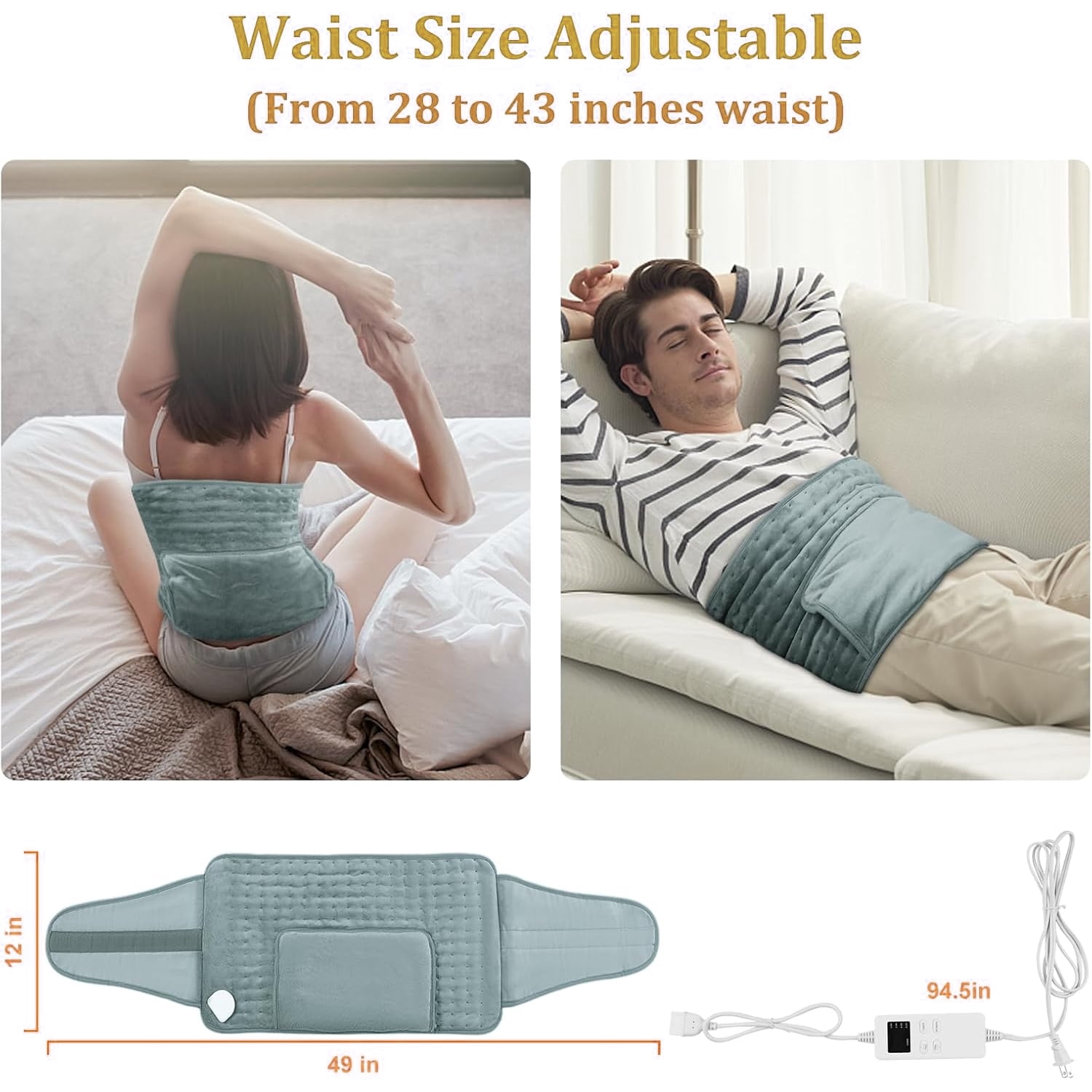 COCOBELA Heating Pad for Back Pain Relief Electric Heating Pad Wrap for Period Cramps Lower Back Neck Shoulders Pain Relief  3 Timer 5 Heat Setting & Auto Shut  12x24 Heated Pad + 20" Belt Adjustable