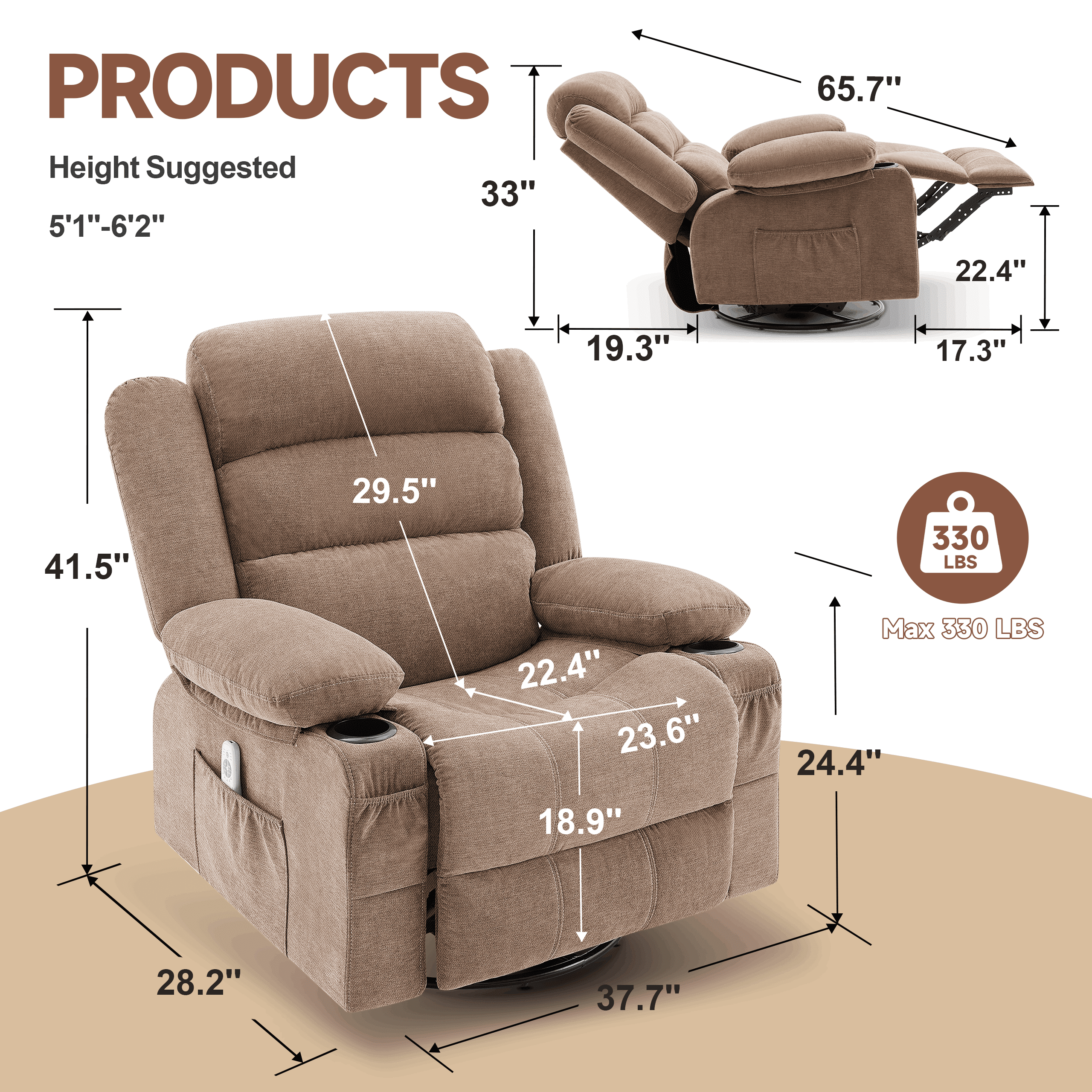 Rocker Recliner Chair with Heat and Massage, 360° Swivel Recliner Chairs for Adults, Oversized Recliner Single Sofa Seat with Cup Holders, Brown