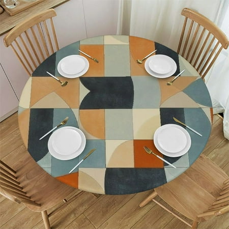 

YANMS Geometry Shape Mid Century Organic Blush Curry Teal Round Tablecloth Waterproof Resistant Fabric 100% Polyester Fiber 31-35