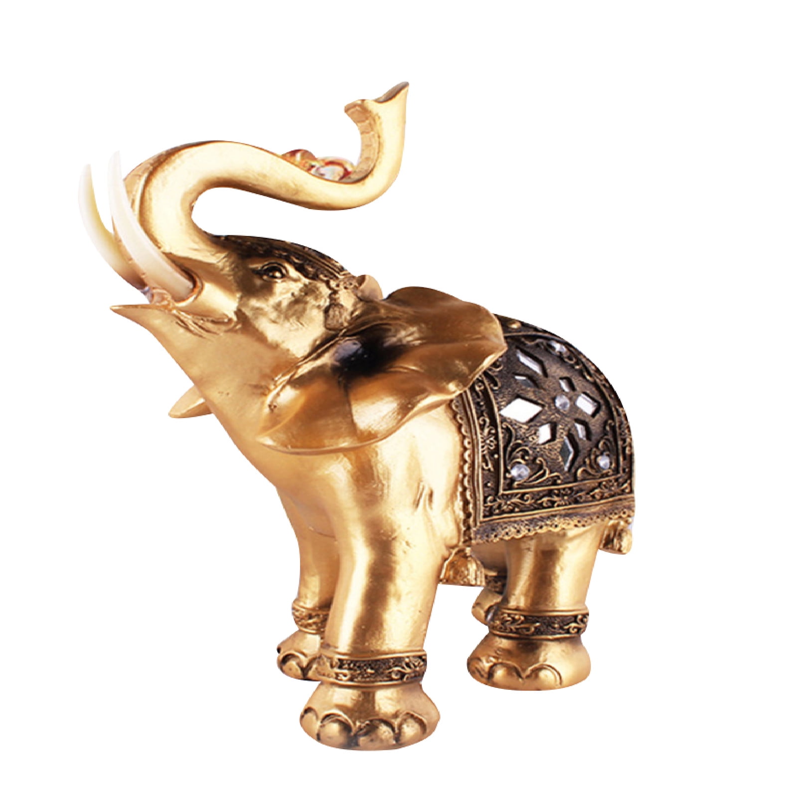 Golden Elephant Resin Statue Elegant Facing Upwards Figurine Lucky