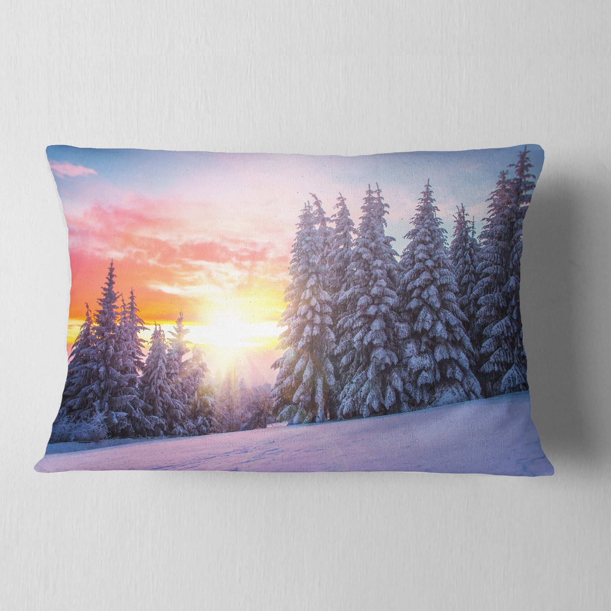 Designart Winter Sunset in Bulgaria - Landscape Photo Throw Pillow - 12x20