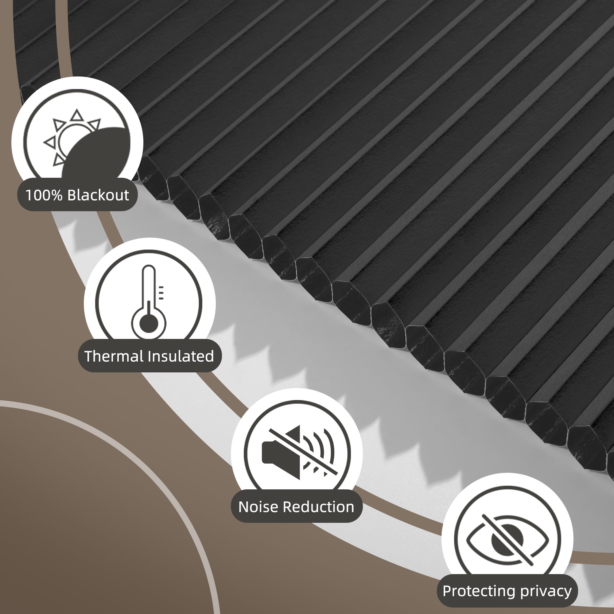 BERISSA Cordless Blackout No Drill No Tools Cellular Shades, Pull Down Window Blinds,Black,34" W x 48" H