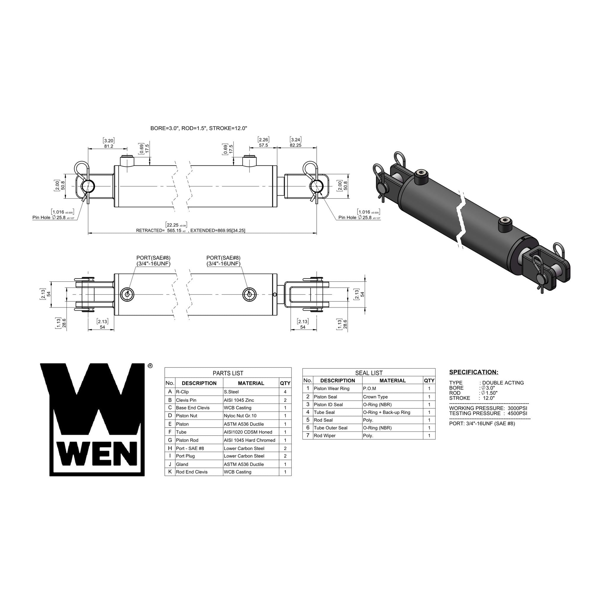 WEN Clevis Hydraulic Cylinder with 3-inch Bore and 12-inch Stroke (CC-3012)