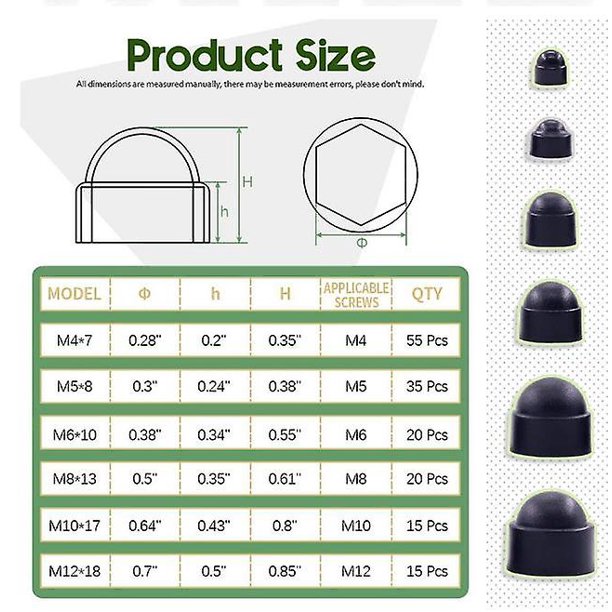 160 Uds cubierta de tuerca hexagonal de cúpula de nailon tapa de tuerca de protección de plástico M4/m5m6/m8/m10/m12 Kit